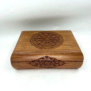 Vintage Wooden Trinket Jewelry Box Keepsake Hand Carved Intricate Floral Design